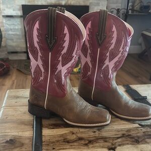Ariat Brown, Red and Pink Cowboy Boots with Distinctive Two-Tone Design